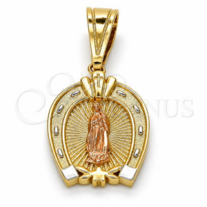 Dije Religioso 05.120.0086.1 Oro Laminado, Diseño de Guadalupe y Corazón, Pulido, Tres Tonos