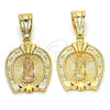 Dije Religioso 05.120.0086.1 Oro Laminado, Diseño de Guadalupe y Corazón, Pulido, Tres Tonos