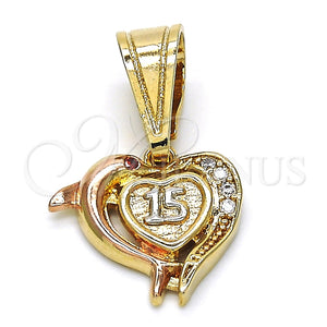 Dije Elegante 05.120.0087.1 Oro Laminado, Diseño de Corazón y Delfín, con Blanca Zirconia Cubica, Pulido, Tres Tonos