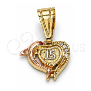 Dije Elegante 05.120.0087.1 Oro Laminado, Diseño de Corazón y Delfín, con Zirconia Cubica Blanca, Pulido, Tres Tonos