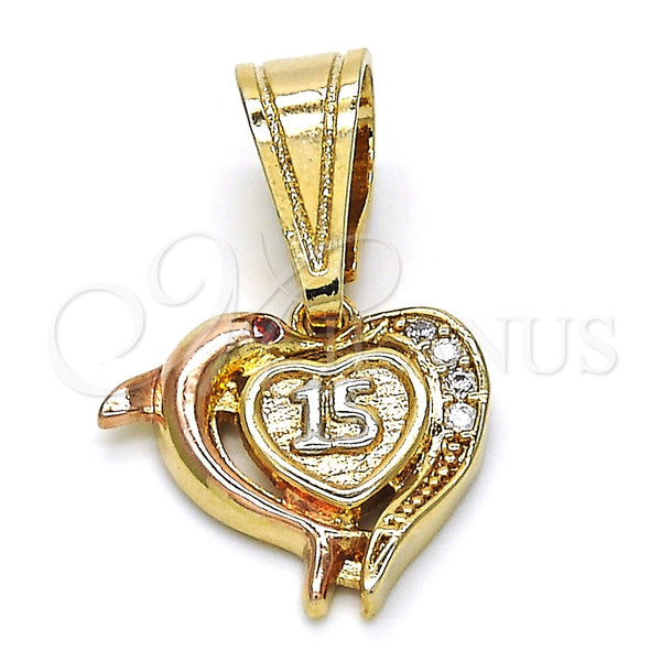 Dije Elegante 05.120.0087.1 Oro Laminado, Diseño de Corazón y Delfín, con Blanca Zirconia Cubica, Pulido, Tres Tonos