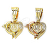 Dije Elegante 05.120.0087.1 Oro Laminado, Diseño de Corazón y Delfín, con Zirconia Cubica Blanca, Pulido, Tres Tonos