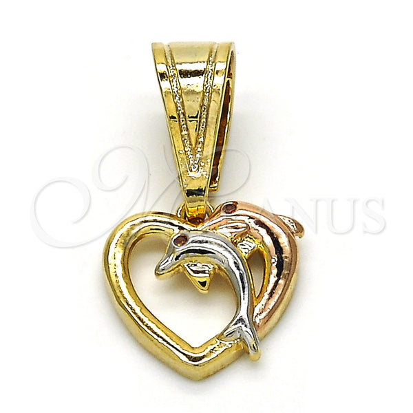 Dije Elegante 05.120.0093.1 Oro Laminado, Diseño de Corazón y Delfín, con Granate Zirconia Cubica, Pulido, Tres Tonos