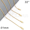 Gargantilla Basica 04.317.0001.32 Oro Laminado, Diseño de Cola de Raton, Pulido, Tono Dorado (0.50 Gauge, 01 MM Thickness, 32 Inches Length)