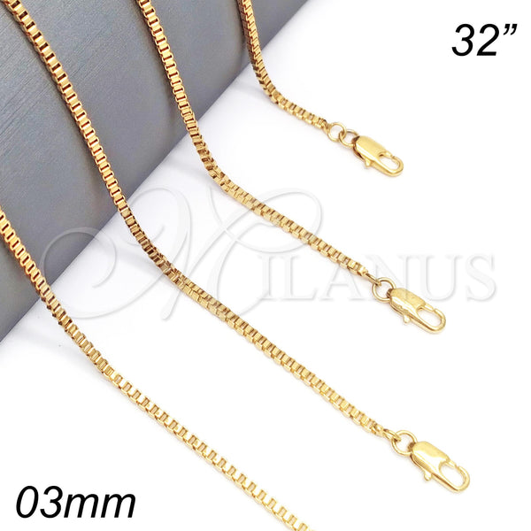 Gargantilla Basica 04.317.0004.32 Oro Laminado, Diseño de Box, Pulido, Tono Dorado (03 MM Thickness, 32 Inches Length)