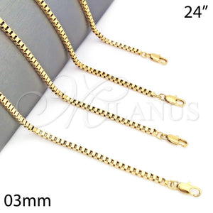 Gargantilla Basica 04.317.0005.24 Oro Laminado, Diseño de Box, Pulido, Tono Dorado (03 MM Thickness, 24 Inches Length)
