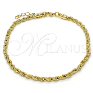 Tobillera Básica 5.222.034.10 Oro Laminado, Diseño de Rope, Pulido, Tono Dorado (04 MM Thickness, 10 Inches Length)