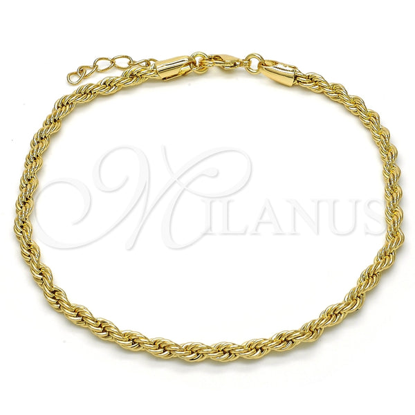 Tobillera Básica 5.222.034.10 Oro Laminado, Diseño de Rope, Pulido, Tono Dorado (04 MM Thickness, 10 Inches Length)