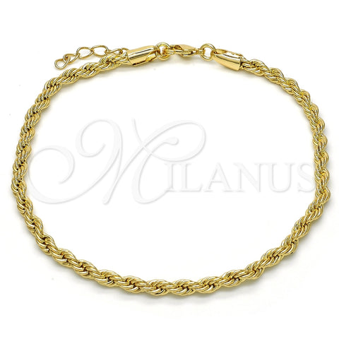 Tobillera Básica 5.222.034.10 Oro Laminado, Diseño de Rope, Pulido, Tono Dorado (04 MM Thickness, 10 Inches Length)