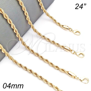 Gargantilla Basica 04.213.0102.24 Oro Laminado, Diseño de Rope, Pulido, Tono Dorado (Grosor 04 MM, 24 Pulgadas de Largo)