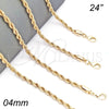 Gargantilla Basica 04.213.0102.24 Oro Laminado, Diseño de Rope, Pulido, Tono Dorado (Grosor 04 MM, 24 Pulgadas de Largo)
