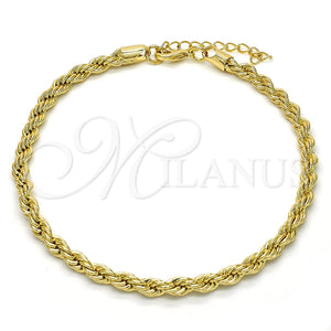 Tobillera Básica 04.213.0103.10 Oro Laminado, Diseño de Rope, Pulido, Tono Dorado (Grosor 05 MM, 10 Pulgadas de Largo)