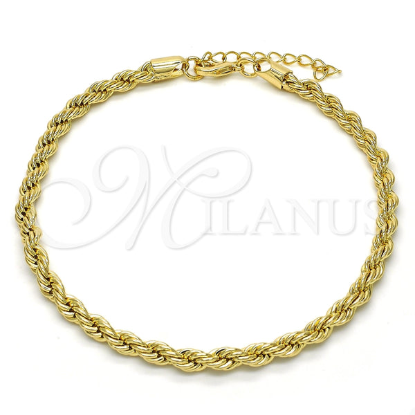 Tobillera Básica 04.213.0103.10 Oro Laminado, Diseño de Rope, Pulido, Tono Dorado (Grosor 05 MM, 10 Pulgadas de Largo)
