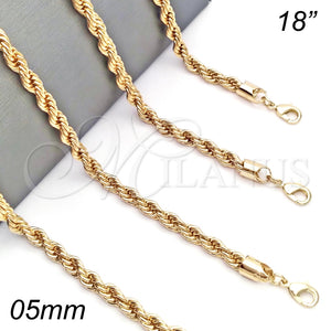 Gargantilla Basica 04.213.0103.18 Oro Laminado, Diseño de Rope, Pulido, Tono Dorado (Grosor 05 MM, 18 Pulgadas de Largo)