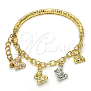 Pulsera de Dije 03.63.1815.1.08 Oro Laminado, Diseño de Osito y Hueco, Diamantado, Tres Tonos (05 MM Thickness, 8 Inches Length)