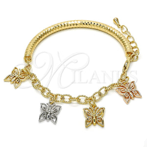 Pulsera de Dije 03.63.1816.1.08 Oro Laminado, Diseño de Mariposa y Hueco, Diamantado, Tres Tonos (05 MM Thickness, 8 Inches Length)