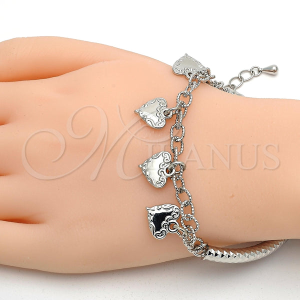 Pulsera de Dije 03.63.1814.2.08 Rodio Laminado, Diseño de Corazón y Hueco, Diamantado, Rodinado (Grosor 05 MM, 8 Pulgadas de Largo)