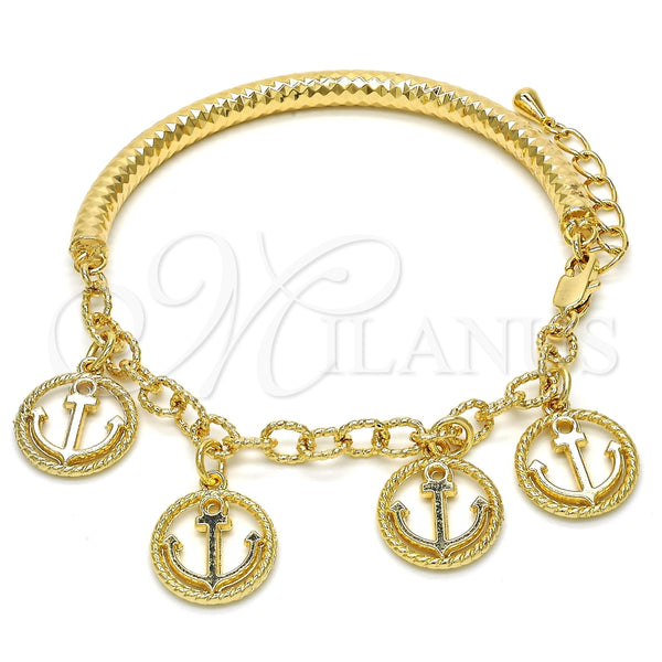 Pulsera de Dije 03.63.1818.08 Oro Laminado, Diseño de Ancla y Hueco, Diamantado, Tono Dorado (05 MM Thickness, 8 Inches Length)