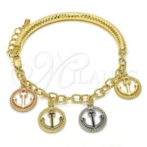 Pulsera de Dije 03.63.1818.1.08 Oro Laminado, Diseño de Ancla y Hueco, Diamantado, Tres Tonos (05 MM Thickness, 8 Inches Length)