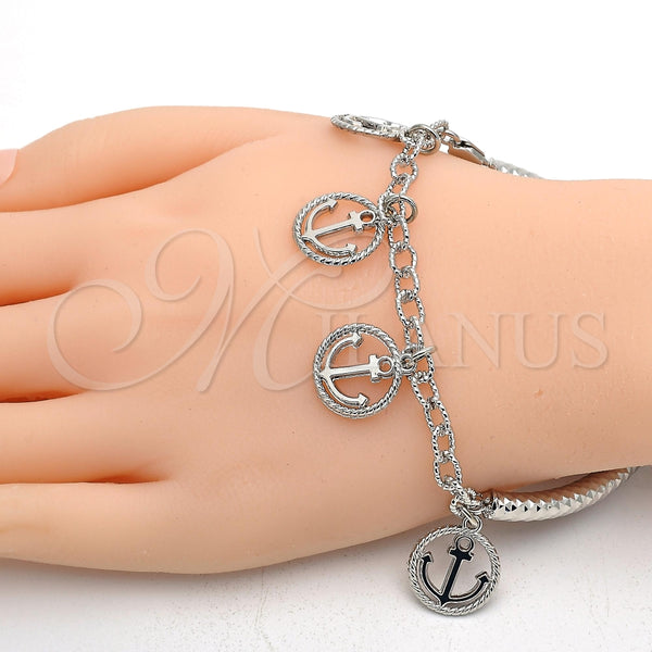 Pulsera de Dije 03.63.1818.2.08 Rodio Laminado, Diseño de Ancla y Hueco, Diamantado, Rodinado (Grosor 05 MM, 8 Pulgadas de Largo)