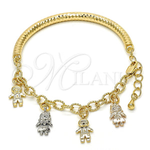 Pulsera de Dije 03.63.1819.1.08 Oro Laminado, Diseño de Niñita Pequeña y Niñito Pequeño, Diamantado, Tres Tonos (05 MM Thickness, 8 Inches Length)
