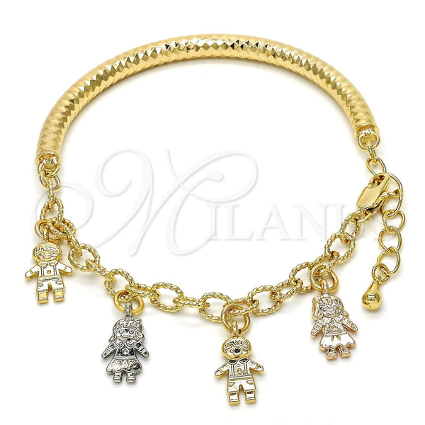 Pulsera de Dije 03.63.1819.1.08 Oro Laminado, Diseño de Niñita Pequeña y Niñito Pequeño, Diamantado, Tres Tonos (05 MM Thickness, 8 Inches Length)