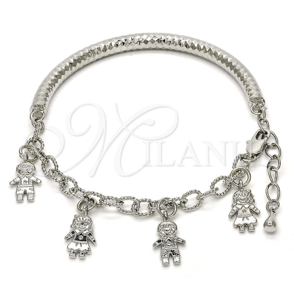 Pulsera de Dije 03.63.1819.2.08 Rodio Laminado, Diseño de Niñita Pequeña y Niñito Pequeño, Diamantado, Rodinado (Grosor 05 MM, 8 Pulgadas de Largo)