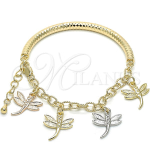 Pulsera de Dije 03.63.1821.1.08 Oro Laminado, Diseño de Libélula y Hueco, Diamantado, Tres Tonos (05 MM Thickness, 8 Inches Length)