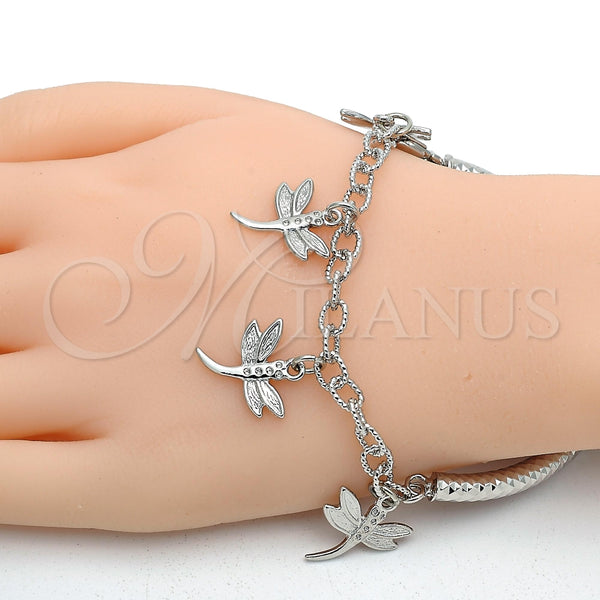 Pulsera de Dije 03.63.1821.2.08 Rodio Laminado, Diseño de Libélula y Hueco, Diamantado, Rodinado (Grosor 05 MM, 8 Pulgadas de Largo)