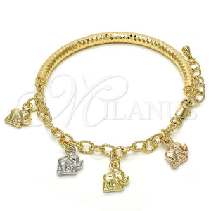 Pulsera de Dije 03.63.1824.1.08 Oro Laminado, Diseño de Elefante y Hueco, Diamantado, Tres Tonos (05 MM Thickness, 8 Inches Length)