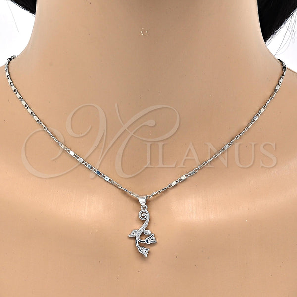 Juego de Arete y Dije de Adulto 10.156.0124 Rodio Laminado, Diseño de Flor y Oja, con Micro Pave Blanca, Pulido, Rodinado