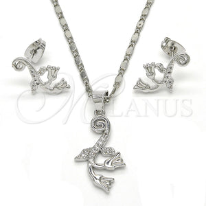 Juego de Arete y Dije de Adulto 10.156.0124 Rodio Laminado, Diseño de Flor y Oja, con Micro Pave Blanca, Pulido, Rodinado