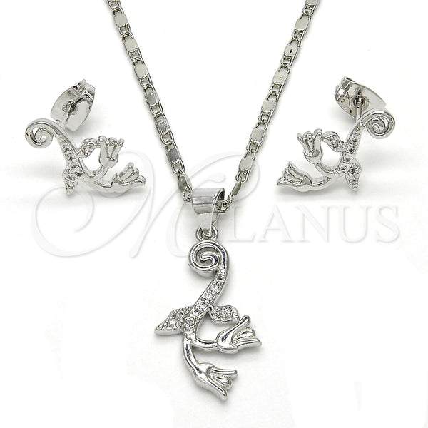 Juego de Arete y Dije de Adulto 10.156.0124 Rodio Laminado, Diseño de Flor y Oja, con Micro Pave Blanca, Pulido, Rodinado