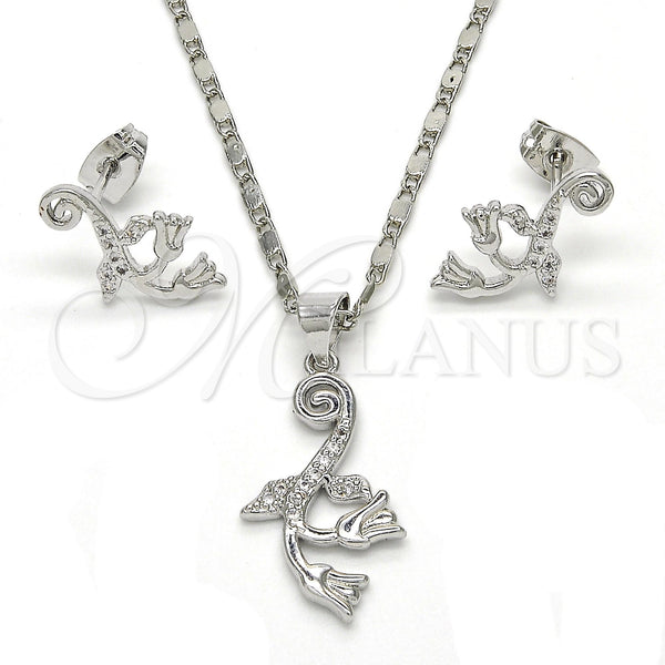Juego de Arete y Dije de Adulto 10.156.0124 Rodio Laminado, Diseño de Flor y Oja, con Blanca Micro Pave, Pulido, Rodinado