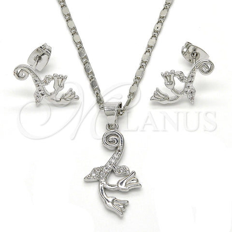 Juego de Arete y Dije de Adulto 10.156.0124 Rodio Laminado, Diseño de Flor y Oja, con Blanca Micro Pave, Pulido, Rodinado