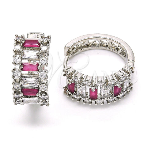 Argolla Huggie 02.267.0006.6.20 Rodio Laminado, Diseño de Baguette, con Zirconia Cubica Rubi y Blanca, Pulido, Rodinado