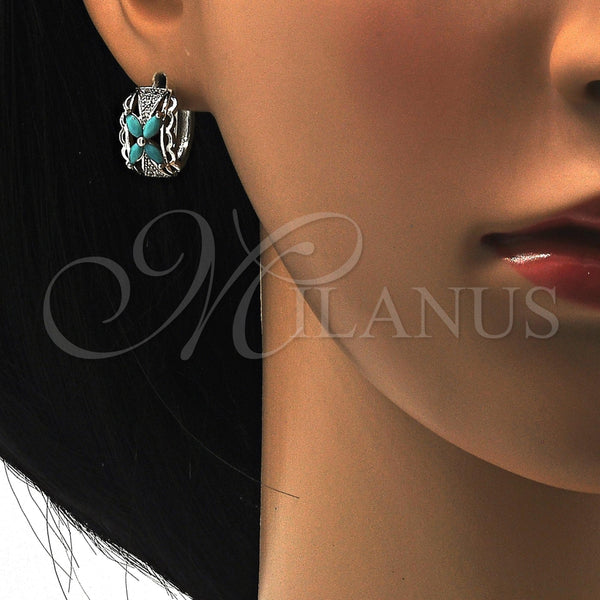 Argolla Huggie 02.210.0087.10.15 Rodio Laminado, Diseño de Flor, con Zirconia Cubica Aqua Azul y Blanca, Pulido, Rodinado