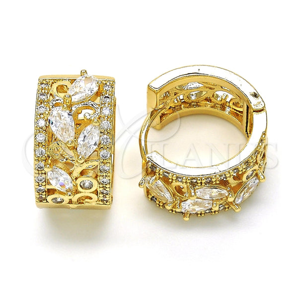 Argolla Huggie 02.210.0090.15 Oro Laminado, Diseño de Oja y Gota, con Blanca Zirconia Cubica, Pulido, Tono Dorado
