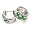 Argolla Huggie 02.210.0090.9.15 Rodio Laminado, Diseño de Gota y Oja, con Zirconia Cubica Verde y Blanca, Pulido, Rodinado