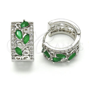 Argolla Huggie 02.210.0090.9.15 Rodio Laminado, Diseño de Gota y Oja, con Zirconia Cubica Verde y Blanca, Pulido, Rodinado