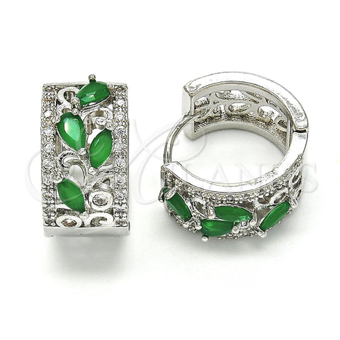 Argolla Huggie 02.210.0090.9.15 Rodio Laminado, Diseño de Gota y Oja, con Zirconia Cubica Verde y Blanca, Pulido, Rodinado
