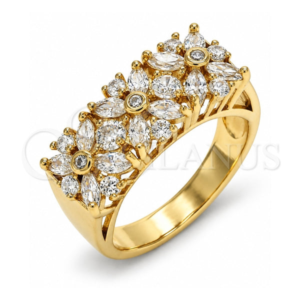 Anillo Multi Piedra 01.210.0061.07 Oro Laminado, Diseño de Flor, con Blanca Zirconia Cubica, Pulido, Tono Dorado (Size 7)