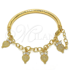 Pulsera de Dije 03.63.1827.08 Oro Laminado, Diseño de Búho y Hueco, con Blanca Cristal, Diamantado, Tono Dorado (05 MM Thickness, 8 Inches Length)