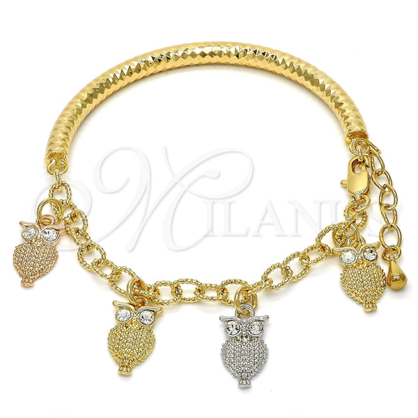 Pulsera de Dije 03.63.1827.1.08 Oro Laminado, Diseño de Búho y Hueco, con Blanca Cristal, Diamantado, Tres Tonos (05 MM Thickness, 8 Inches Length)