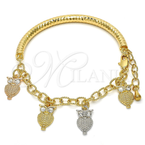 Pulsera de Dije 03.63.1827.1.08 Oro Laminado, Diseño de Búho y Hueco, con Blanca Cristal, Diamantado, Tres Tonos (05 MM Thickness, 8 Inches Length)