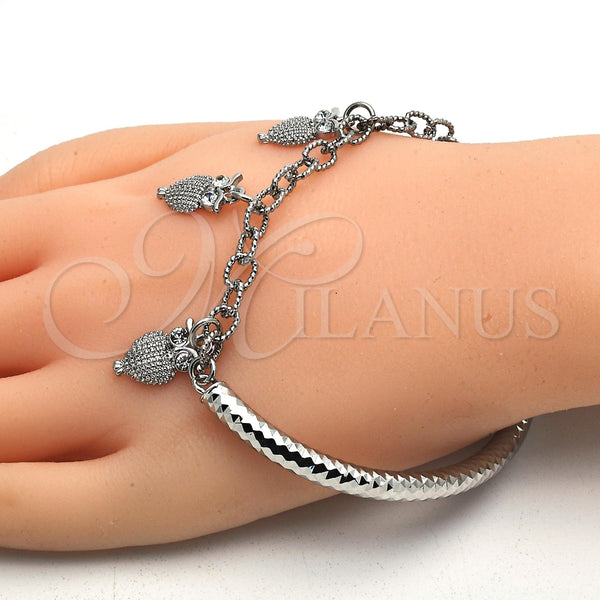 Pulsera de Dije 03.63.1827.2.08 Rodio Laminado, Diseño de Búho y Hueco, con Cristal Blanca, Diamantado, Rodinado (Grosor 05 MM, 8 Pulgadas de Largo)