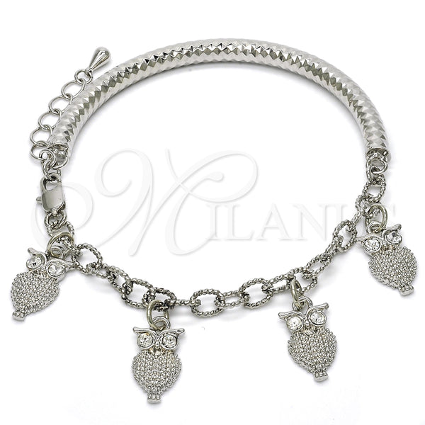 Pulsera de Dije 03.63.1827.2.08 Rodio Laminado, Diseño de Búho y Hueco, con Cristal Blanca, Diamantado, Rodinado (Grosor 05 MM, 8 Pulgadas de Largo)