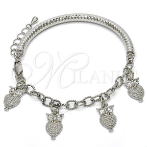 Pulsera de Dije 03.63.1827.2.08 Rodio Laminado, Diseño de Búho y Hueco, con Cristal Blanca, Diamantado, Rodinado (Grosor 05 MM, 8 Pulgadas de Largo)
