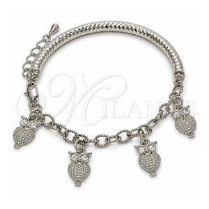 Pulsera de Dije 03.63.1827.2.08 Oro Laminado Blanco, Diseño de Búho y Hueco, con Cristal Blanca, Diamantado, Rodinado (Grosor 05 MM, 8 Pulgadas de Largo)
