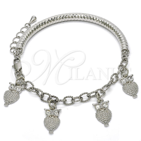 Pulsera de Dije 03.63.1827.2.08 Rodio Laminado, Diseño de Búho y Hueco, con Cristal Blanca, Diamantado, Rodinado (Grosor 05 MM, 8 Pulgadas de Largo)